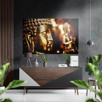 Golden Buddha head on brushed aluminium dibond with intricate curls and warm lighting