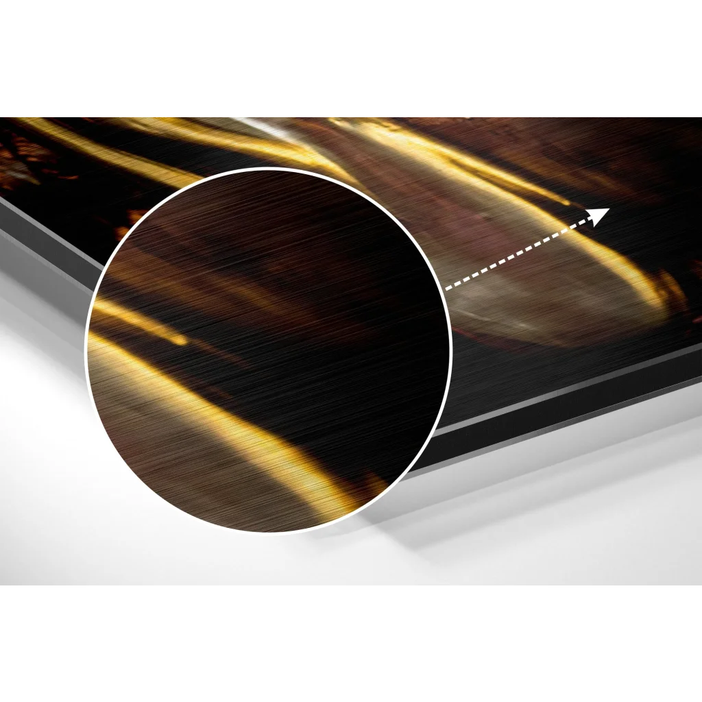 Sleek TV screen with golden light on brushed aluminium dibond art print