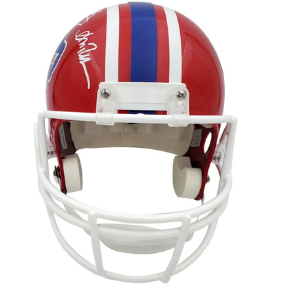 Buffalo Bills replica helmet autographed by Jim Kelly in red, white, blue stripes