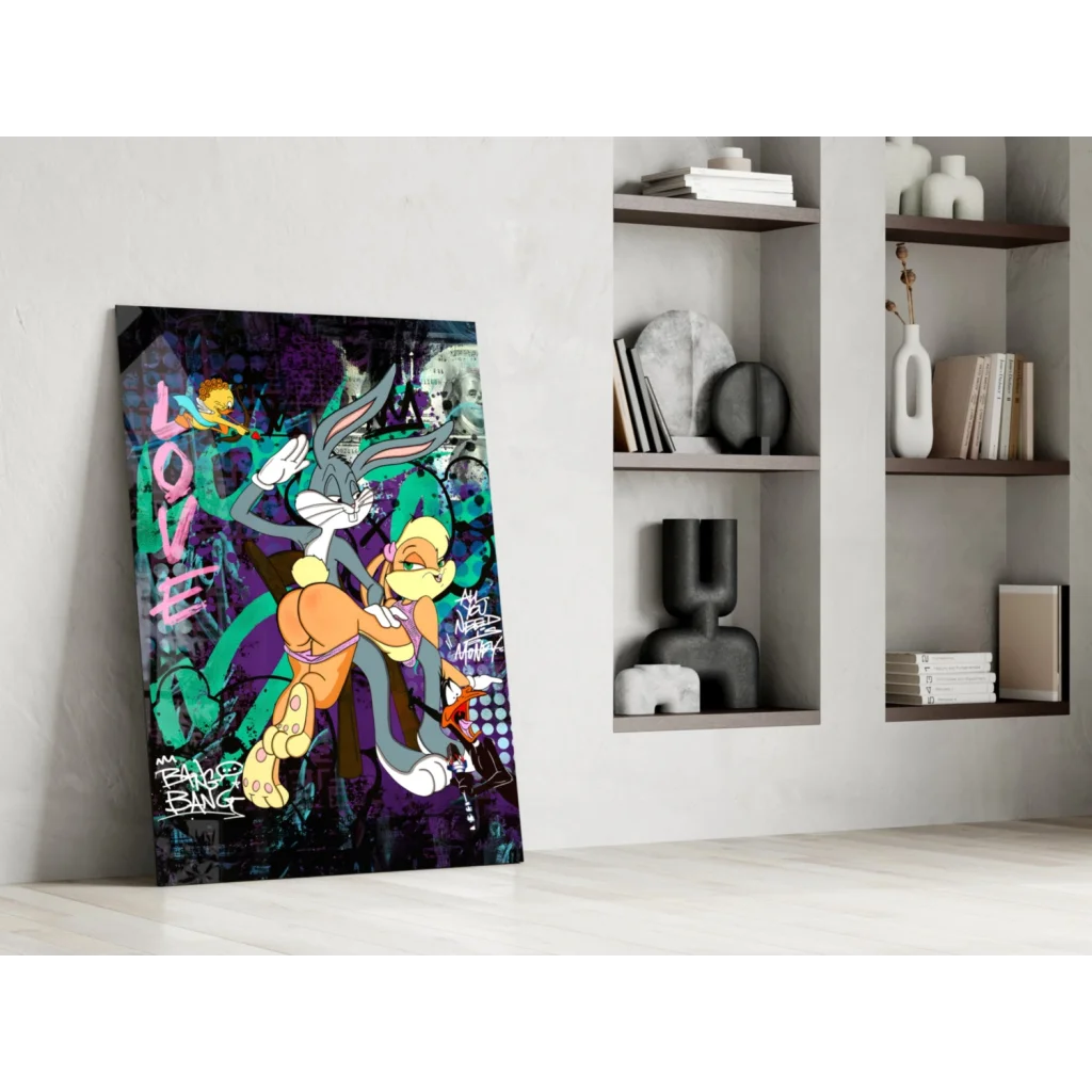 Vibrant Bugs Bunny and Lola Bunny graffiti love wall art canvas print
