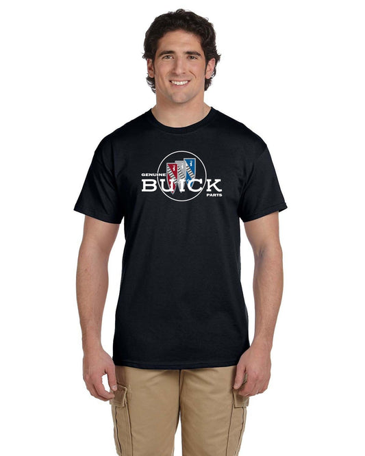 Front view of a smiling man in a black tee with white Genuine Buick Parts tri-shield logo and khaki pants.