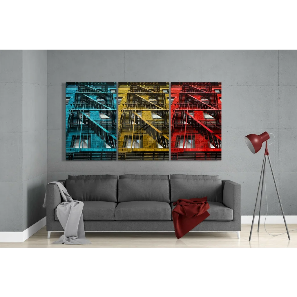 Vibrant cyan yellow red fire escape triptych glass wall art set