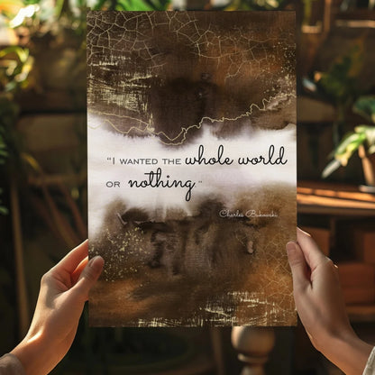 Bukowski quote on insigne aluminum prints with cracked abstract design