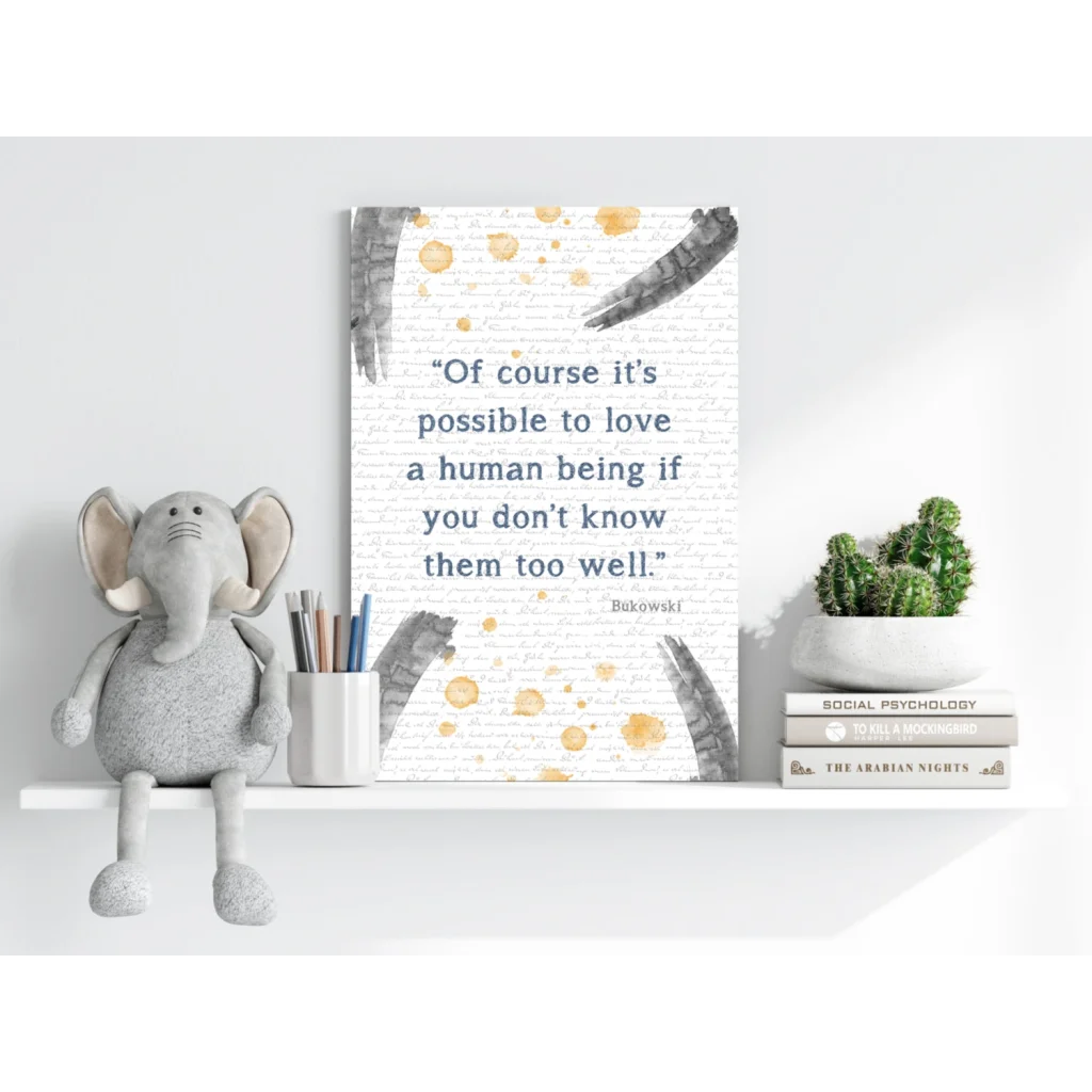Gray elephant plush on insigne aluminum print shelf