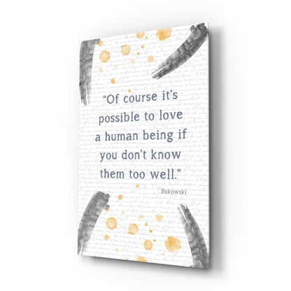 Bukowski quote wall art on glass wall with gold watercolor splashes