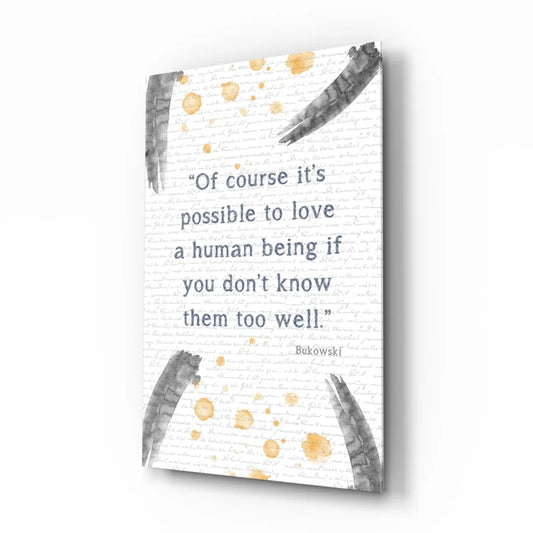 Bukowski quote wall art on glass wall with gold watercolor splashes