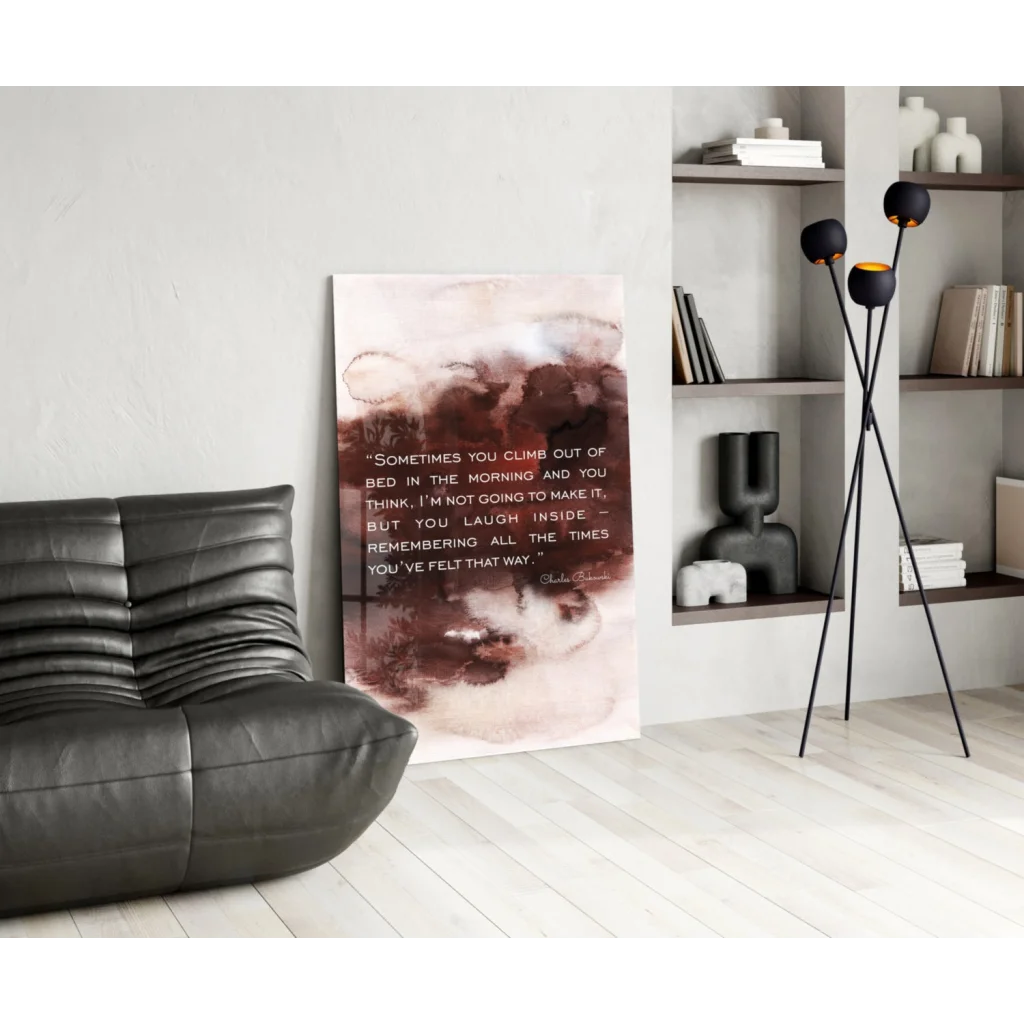 Bukowski quote glass wall art in pink burgundy watercolor tones