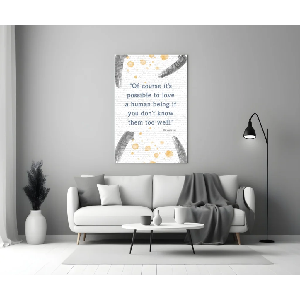 Bukowski quote glass wall art with gold watercolor splashes