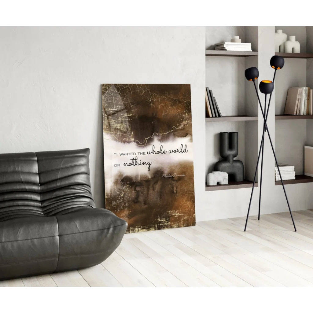 Bukowski quote glass wall art canvas in brown gold tones