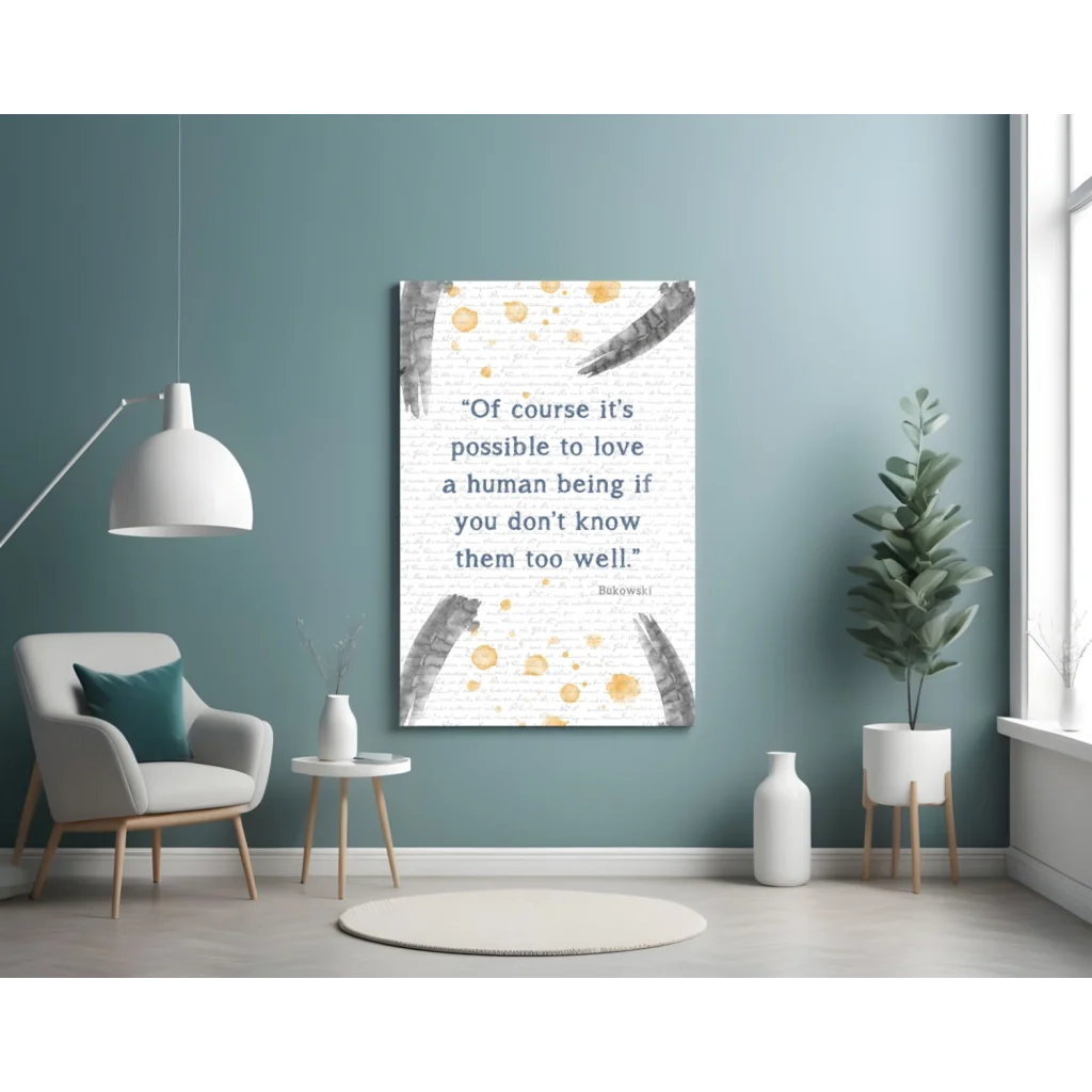 Bukowski quote glass wall art with gold splashes and feathers
