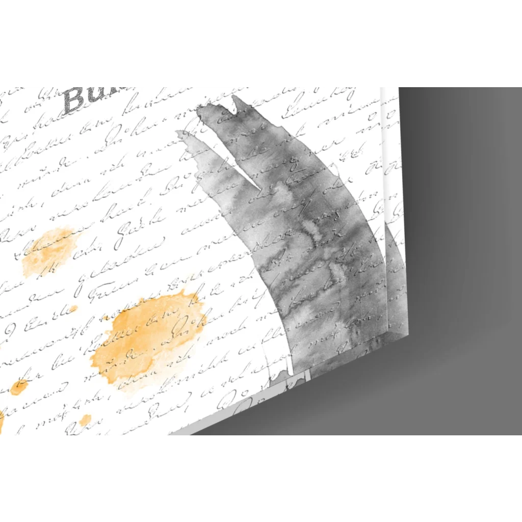 Minimalist cat silhouette wall art with Bukowski quote and gold watercolor splashes