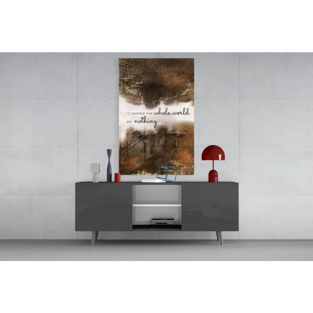 Bukowski quote glass wall art canvas in brown and white gradient