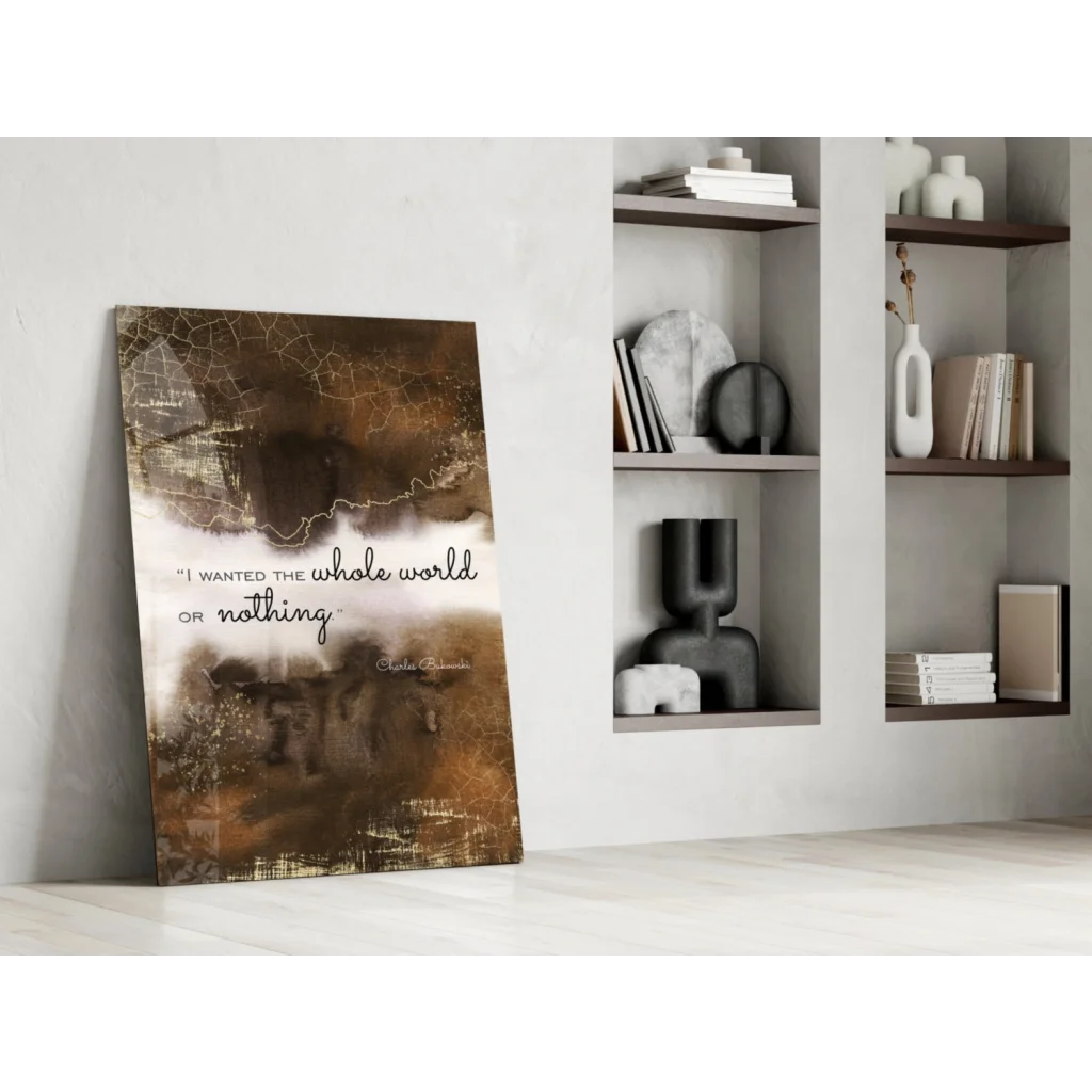 Bukowski quote glass wall art canvas in brown and white