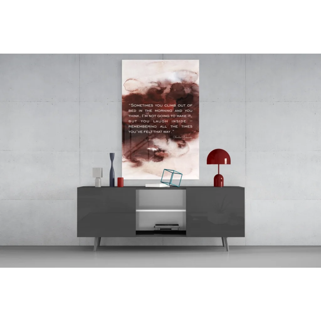 Bukowski quote glass wall art in beige burgundy watercolor tones