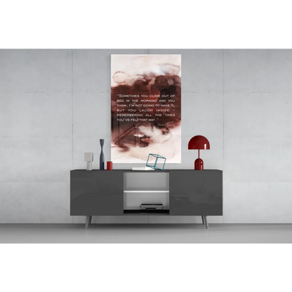 Bukowski quote glass wall art in beige burgundy watercolor tones