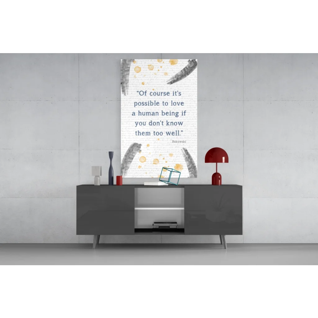 Minimalist Bukowski quote wall art print with gray feather, gold dots