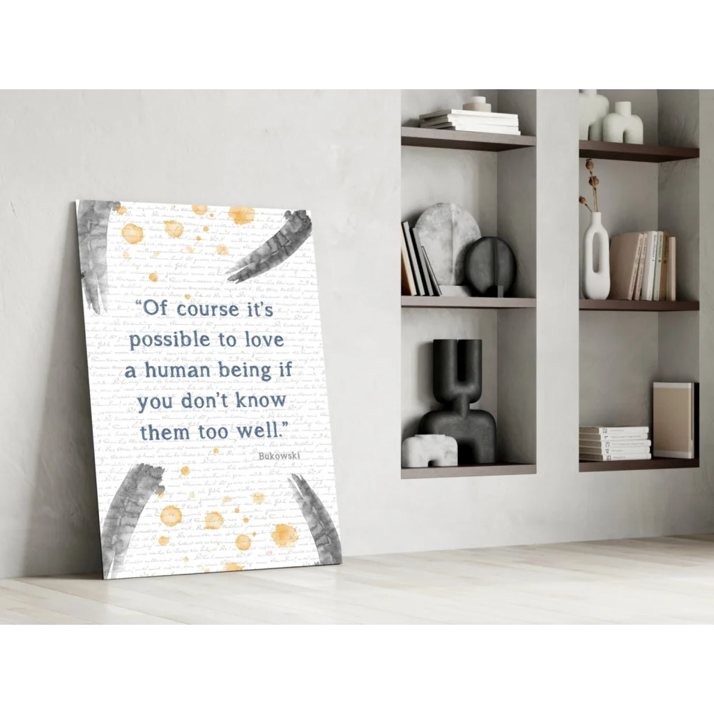 Bukowski quote wall art print with gray feather and gold watercolor splashes