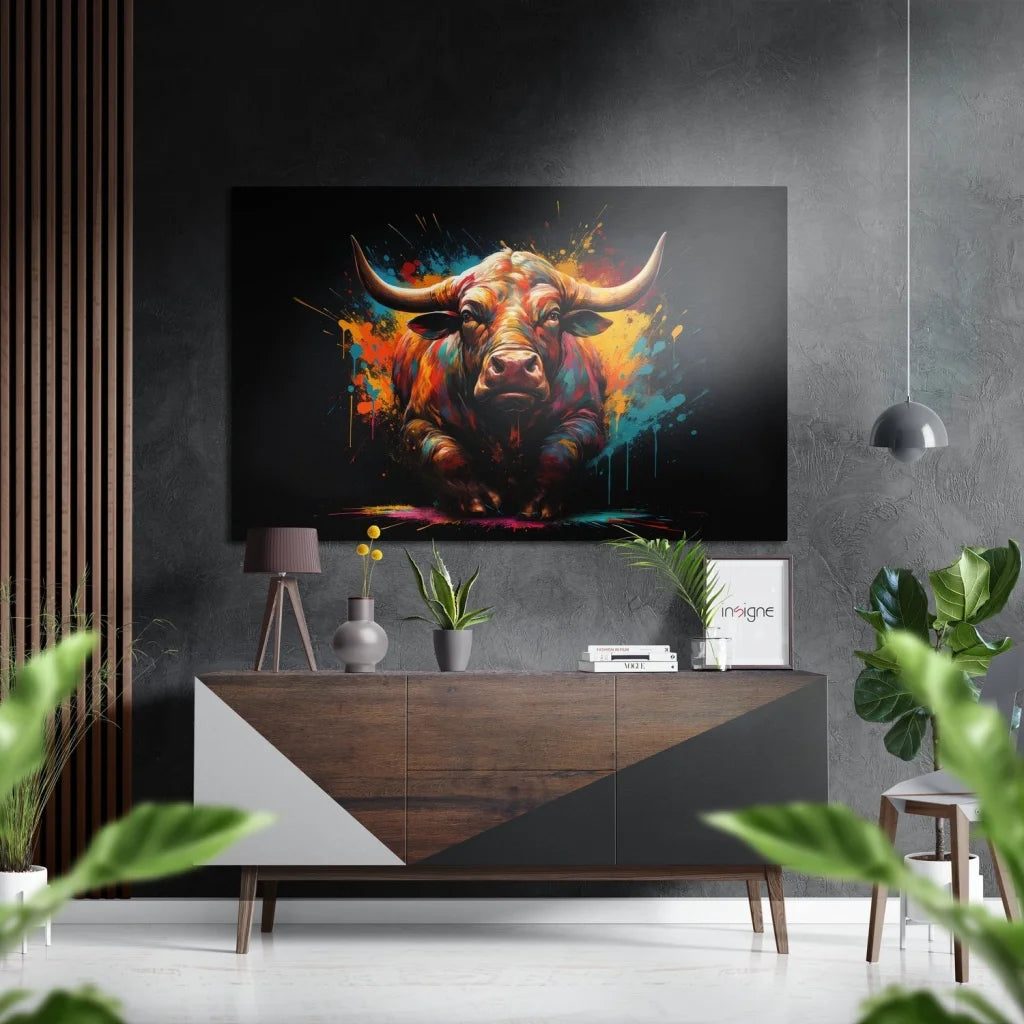 Vibrant abstract bull on brushed aluminium dibond wall art
