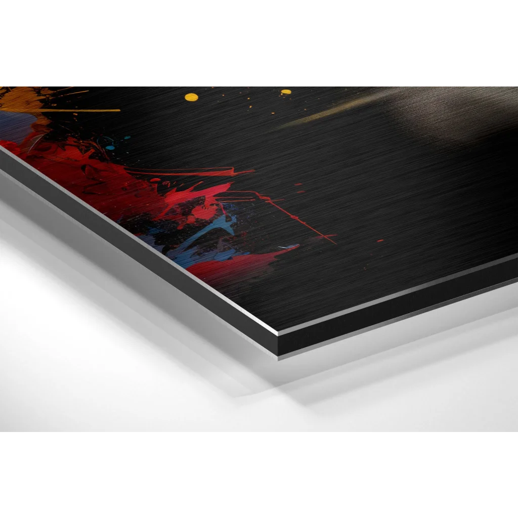 Glass Wall Art Vibrant bull art on brushed aluminium dibond with red, blue, yellow splatters