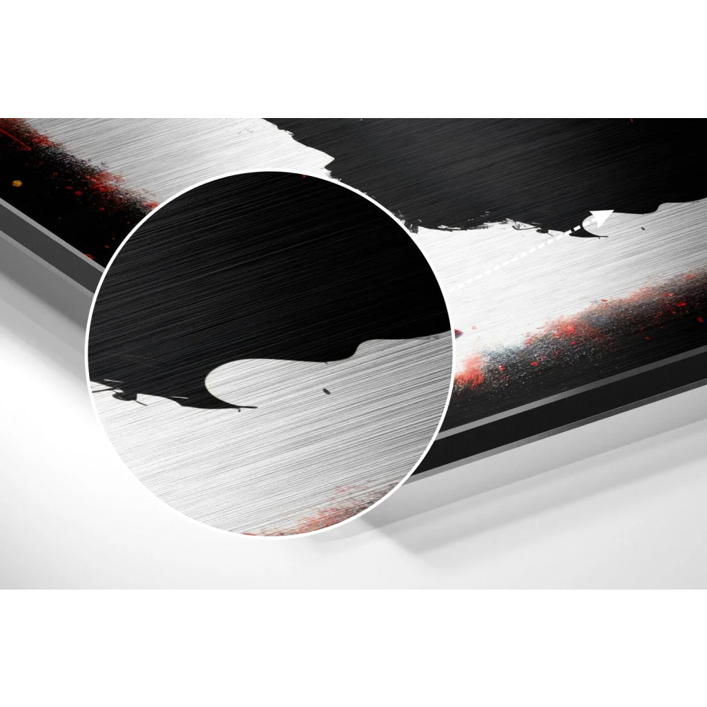 Bull brushed aluminium dibond wall art with red accents on black and white abstract canvas