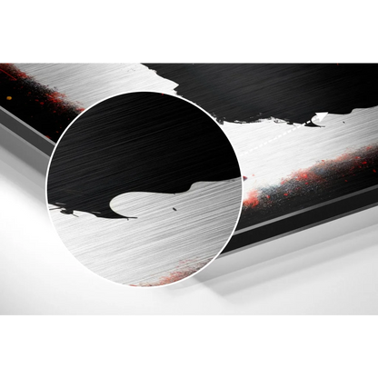 Bull brushed aluminium dibond wall art with red accents on black and white abstract canvas