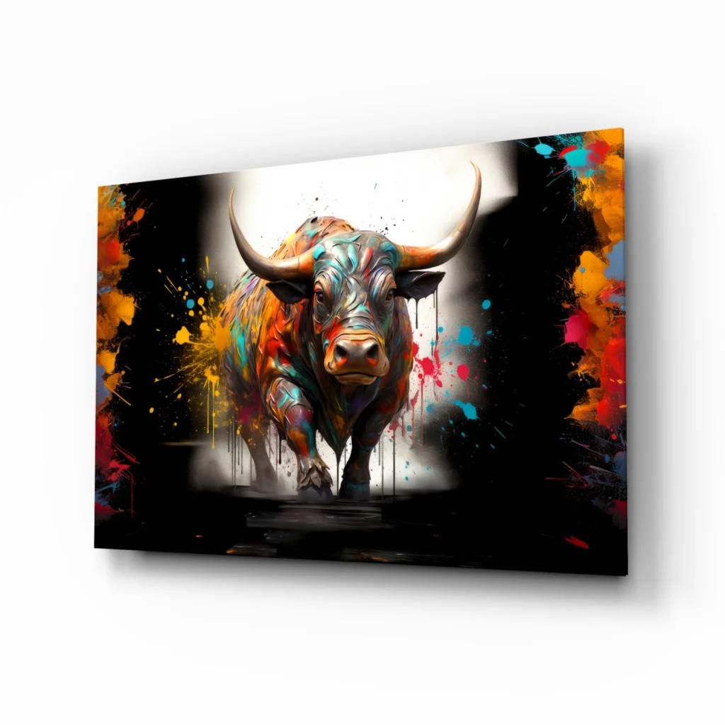 Vibrant Bull Abstract Canvas Wall Art with Bold Color Splashes | Insigneart USA | vintageantiquesgifts.com