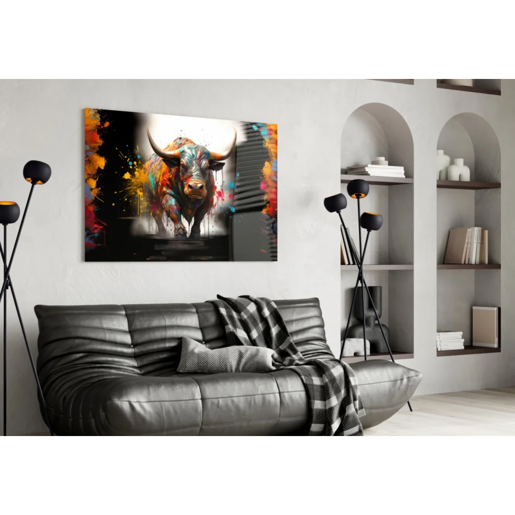 Vibrant Bull Abstract Canvas Wall Art with Bold Color Splashes | Contemporary Home Wall Art | vintageantiquesgifts.com