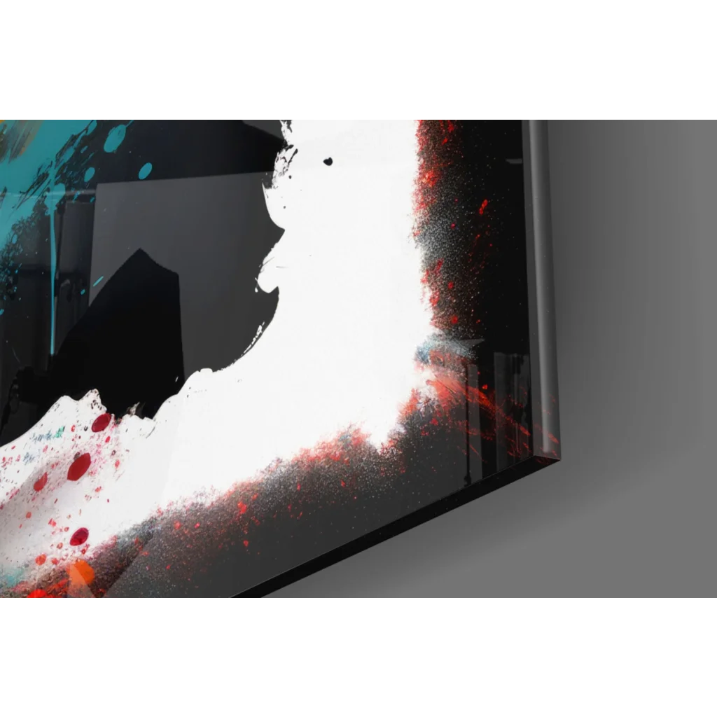 Bold Bull glass wall art with vibrant orange teal splatter