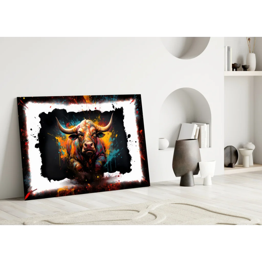 Vibrant orange and teal bull splatter on bold glass wall art