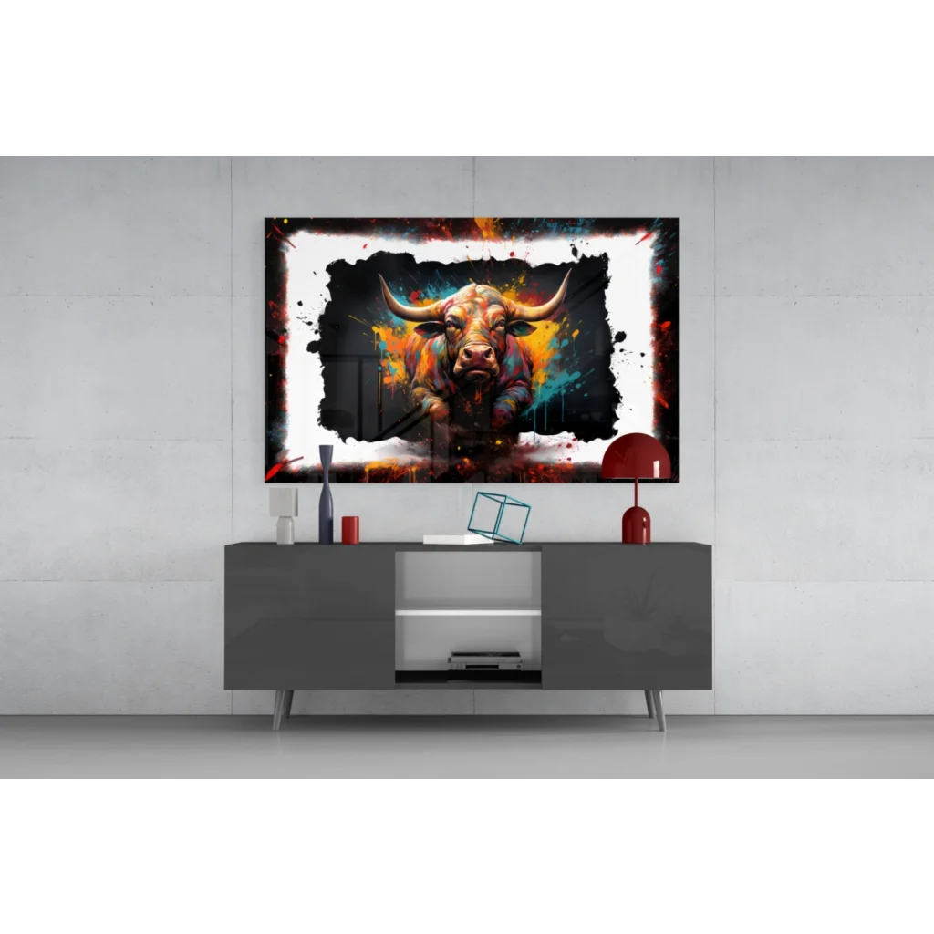 Vibrant abstract bull glass wall art with orange teal splatters