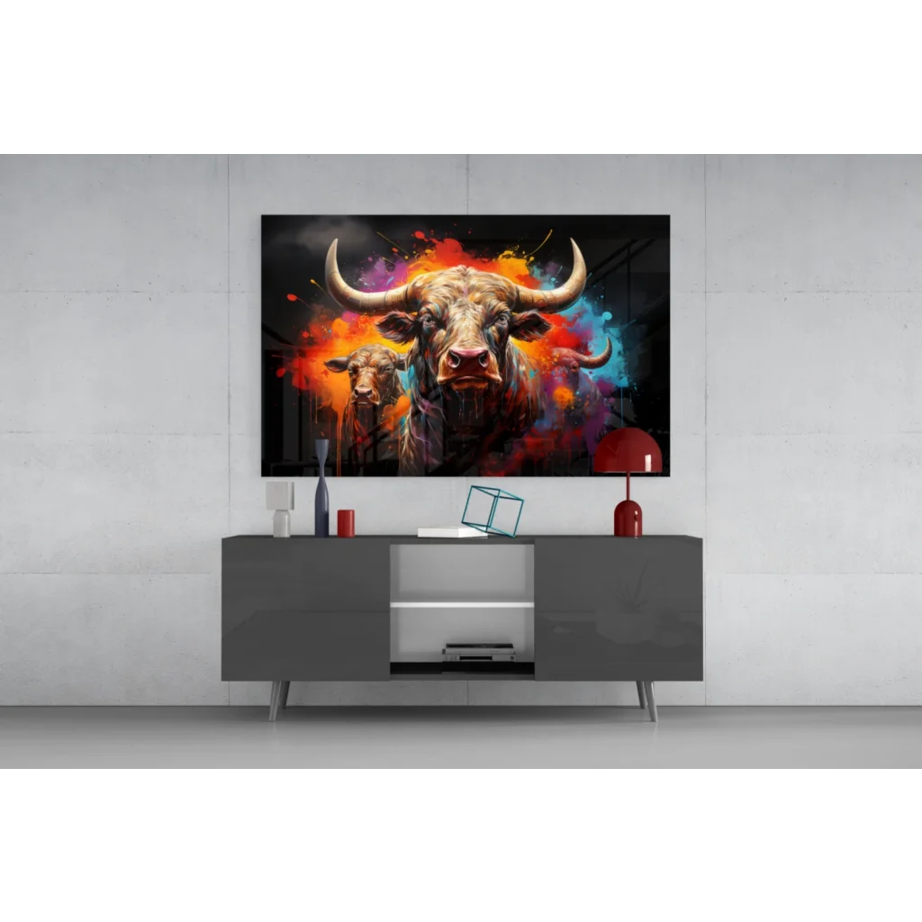 Vibrant abstract bull glass wall art in fiery orange, red, and blue on black