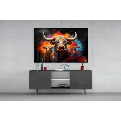 Vibrant abstract bull glass wall art in fiery orange, red, and blue on black