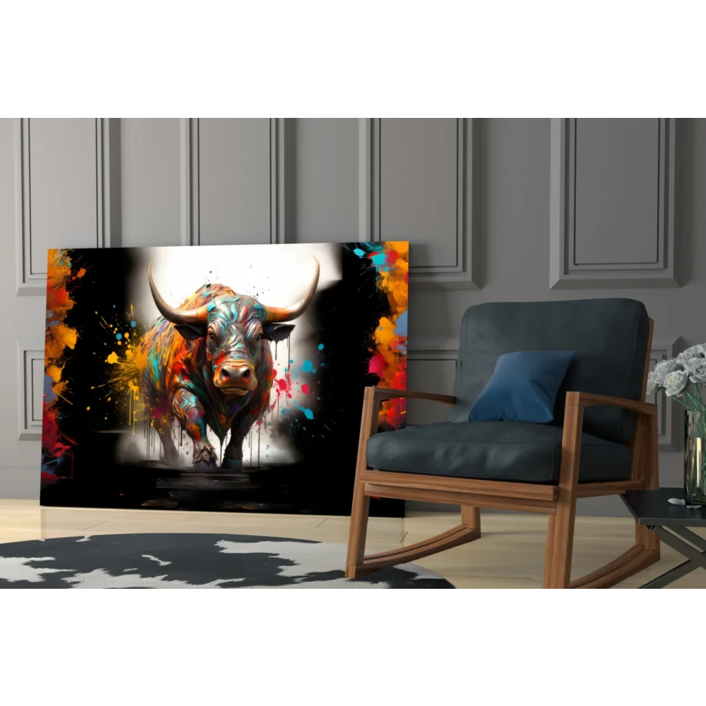 Vibrant abstract bull canvas wall art with bold orange, blue, red splashes on black