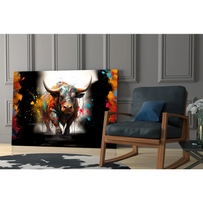 Vibrant abstract bull canvas wall art with bold orange, blue, red splashes on black