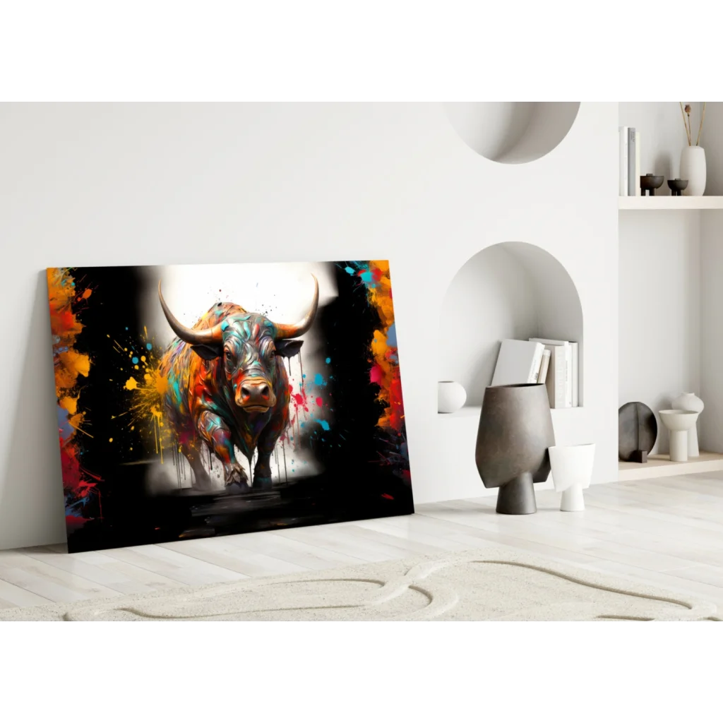 Vibrant Bull Abstract Canvas Wall Art with Bold Color Splashes | Modern Wall Art Decor | vintageantiquesgifts.com