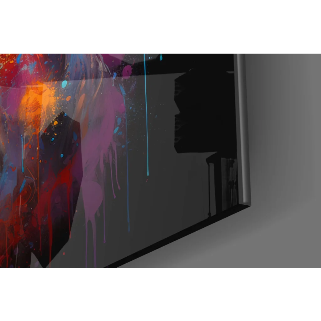 Vibrant glass wall art print with bold red, orange, purple, blue drips on gray