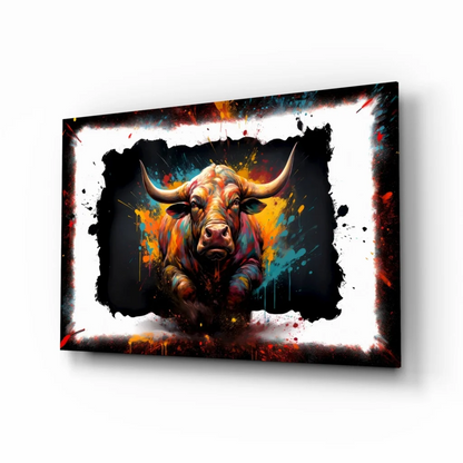 Vibrant abstract bull glass wall art with orange teal splatter