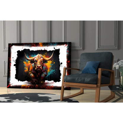 Vibrant abstract bull glass wall art with orange, teal, and red splatters