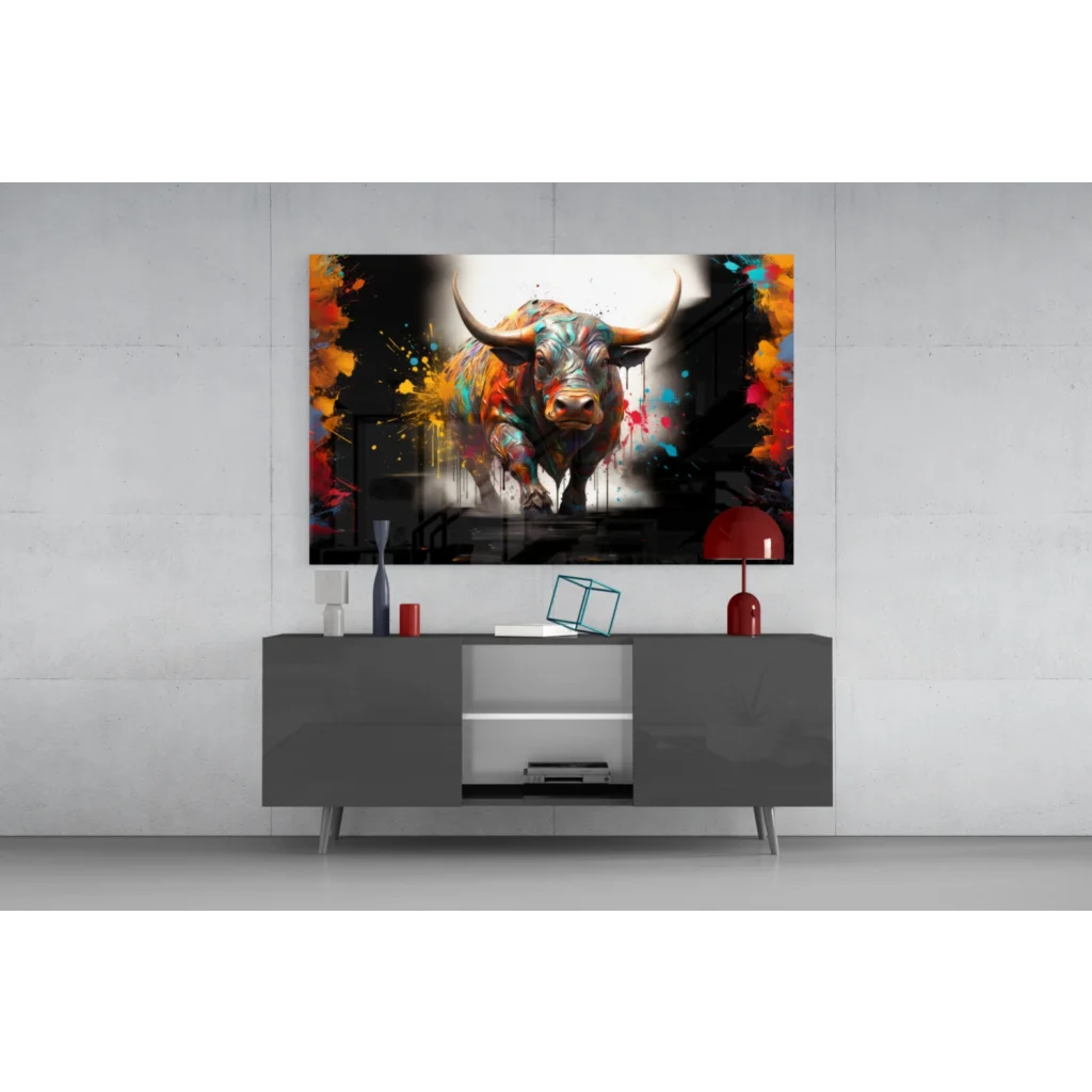 Vibrant abstract bull canvas wall art with orange, blue, red splashes on black