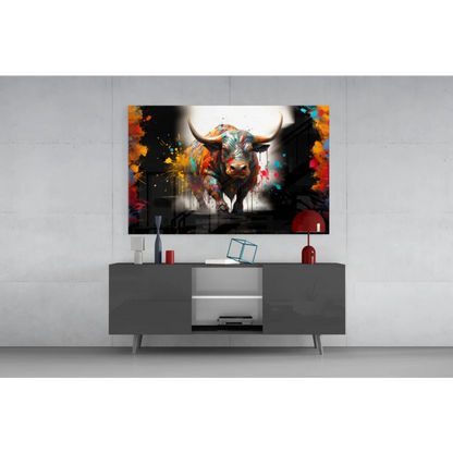 Vibrant abstract bull canvas wall art with orange, blue, red splashes on black
