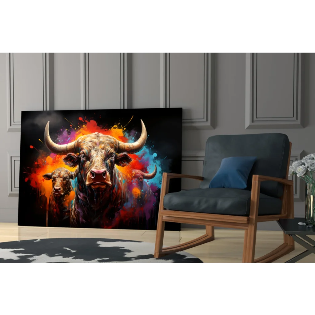 Vibrant abstract bull glass wall art with fiery orange, purple, blue splashes on black
