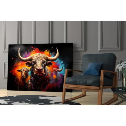 Vibrant abstract bull glass wall art with fiery orange, purple, blue splashes on black