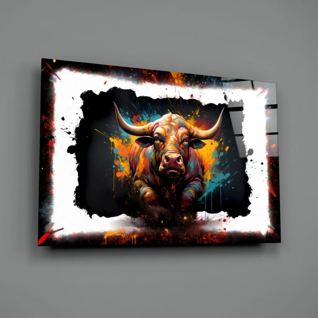 Bold bull glass wall art with vibrant orange and teal splatters