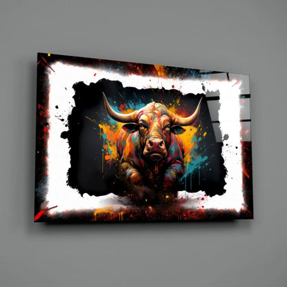 Bold bull glass wall art with vibrant orange and teal splatters