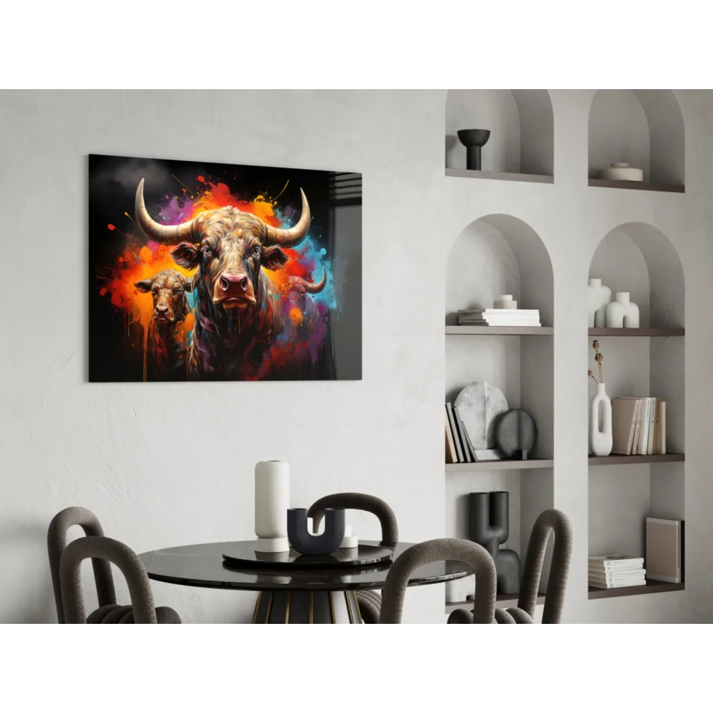 Vibrant abstract bull glass wall art with fiery orange, red, blue splashes on dark background