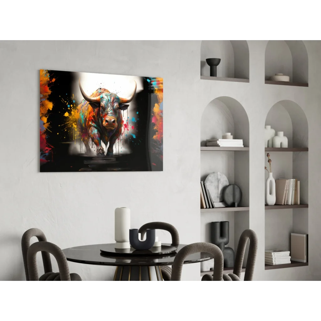 Vibrant bull abstract wall art with bold orange, red, blue splashes on black