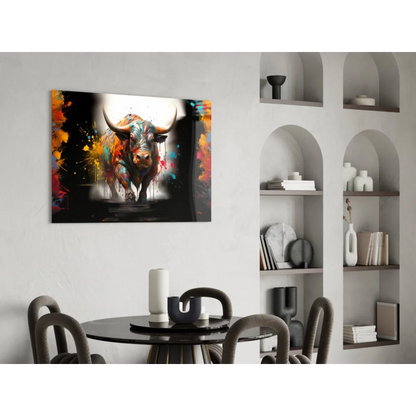 Vibrant bull abstract wall art with bold orange, red, blue splashes on black