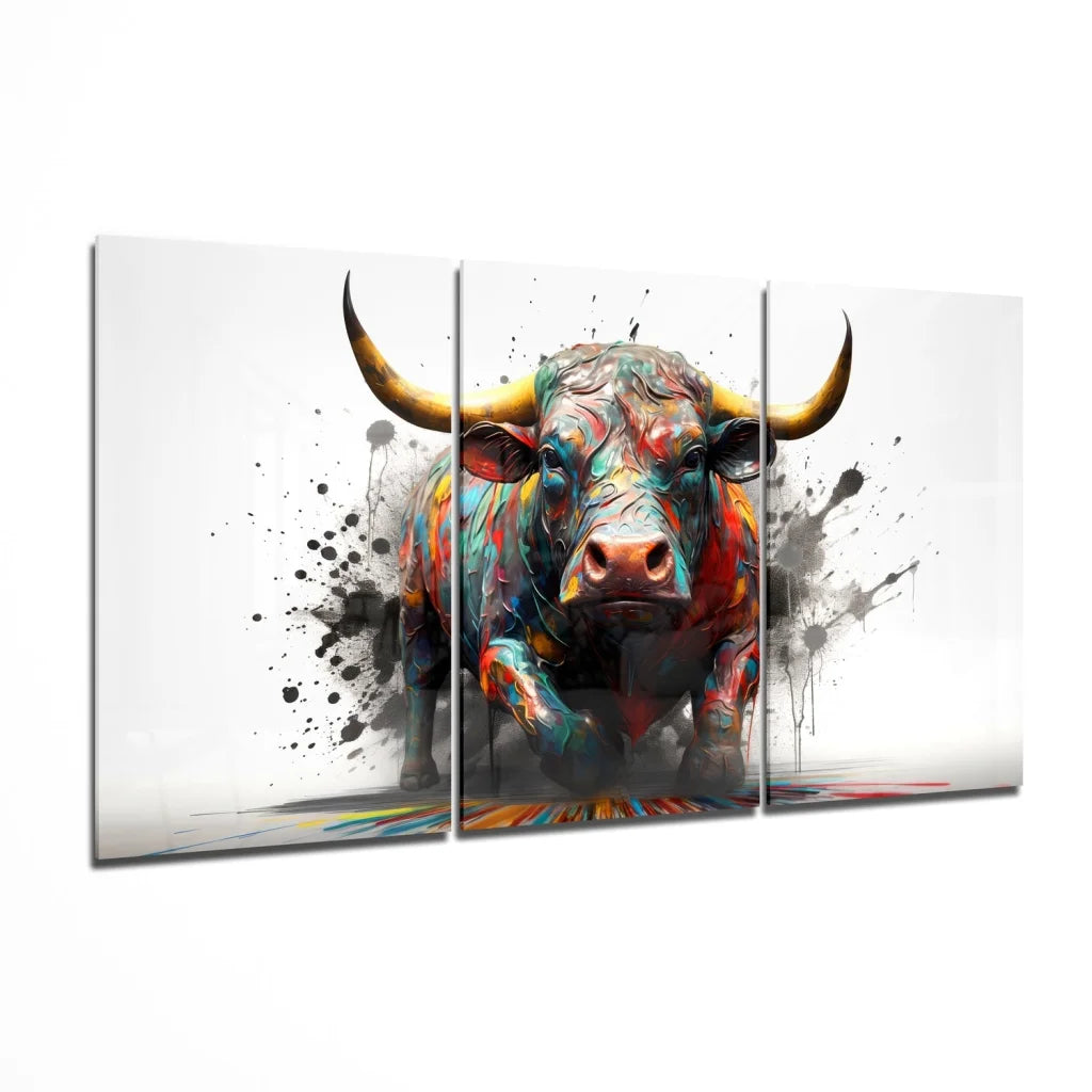 Vibrant rainbow glass art of explosive bull with bold yellow horns and paint splatters