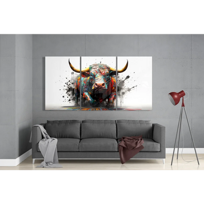 Vibrant rainbow glass art of explosive bull with bold horns on white wall