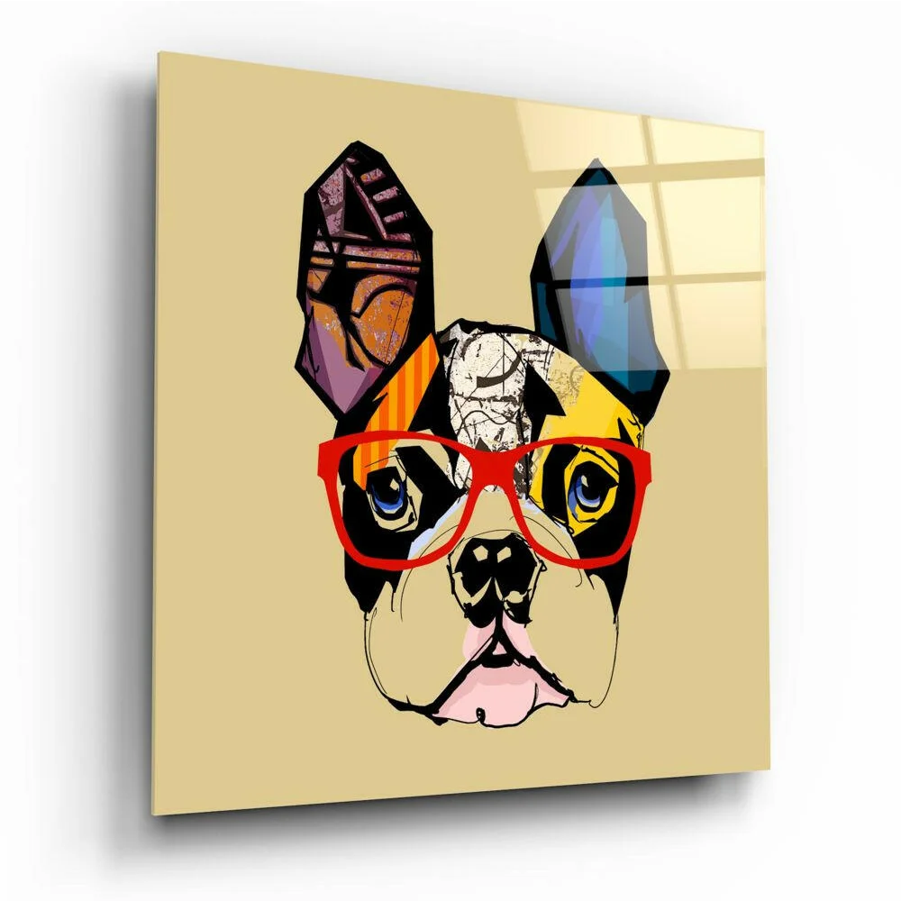 Vibrant pop art French bulldog glass wall art with red glasses